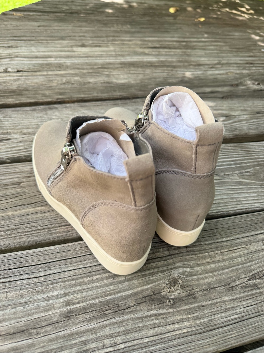 Steve Madden Taupe Suede Wedge Booties with Side Zippers - Picture 2 of 16